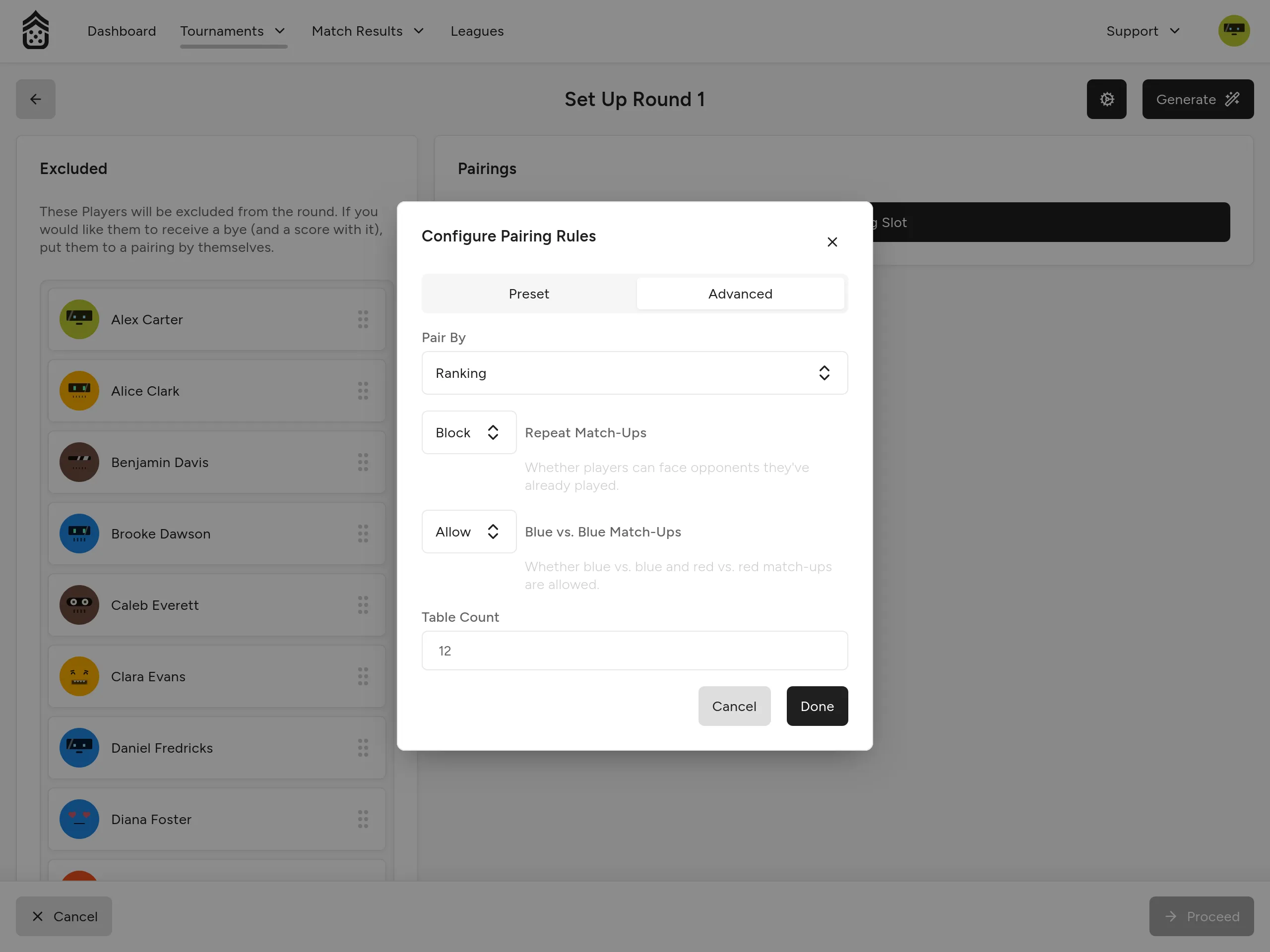 Configure Pairing Rules dialog