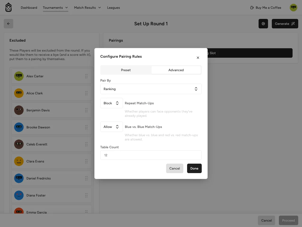 Configure Pairing Rules dialog