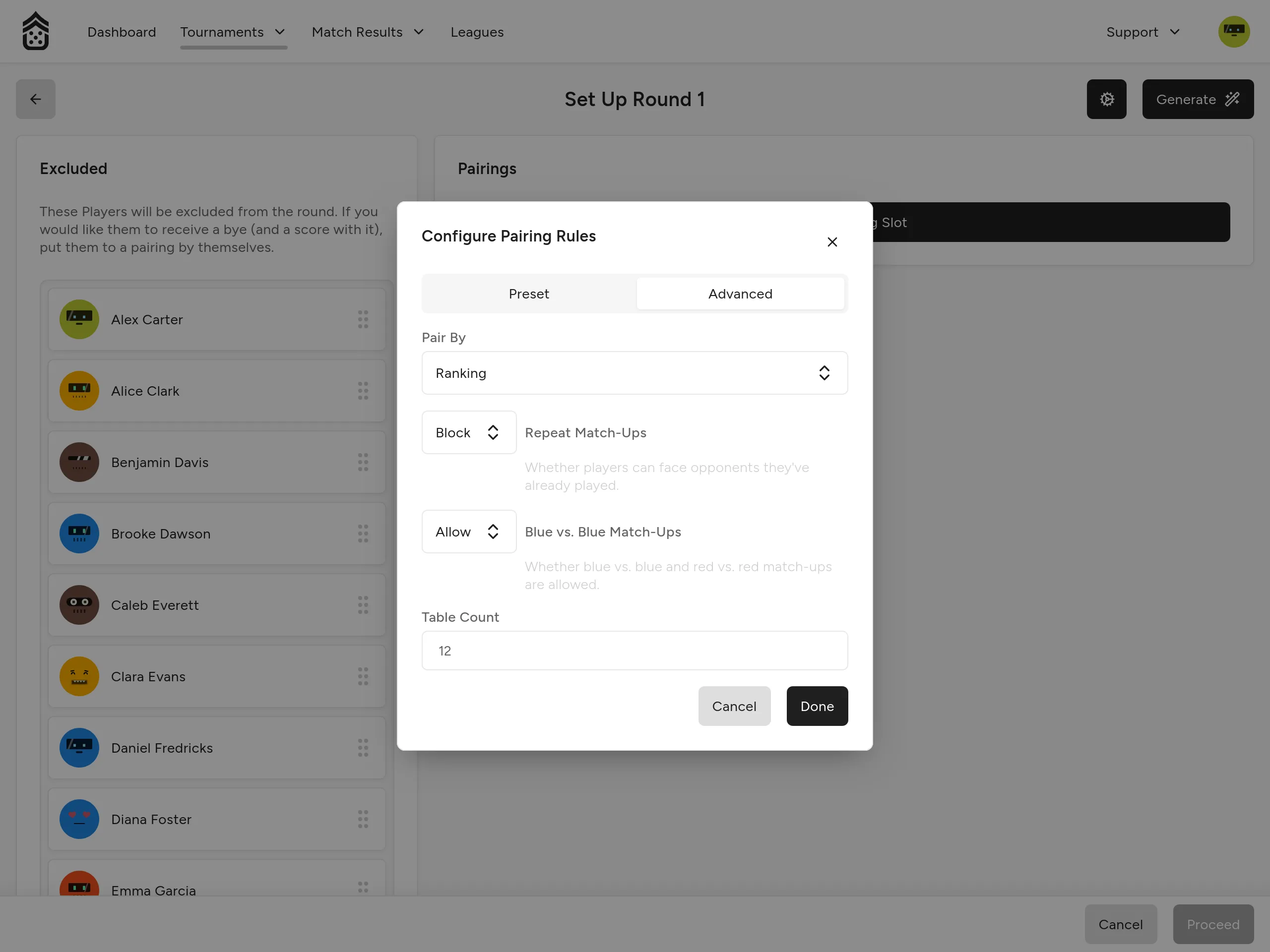Configure Pairing Rules dialog